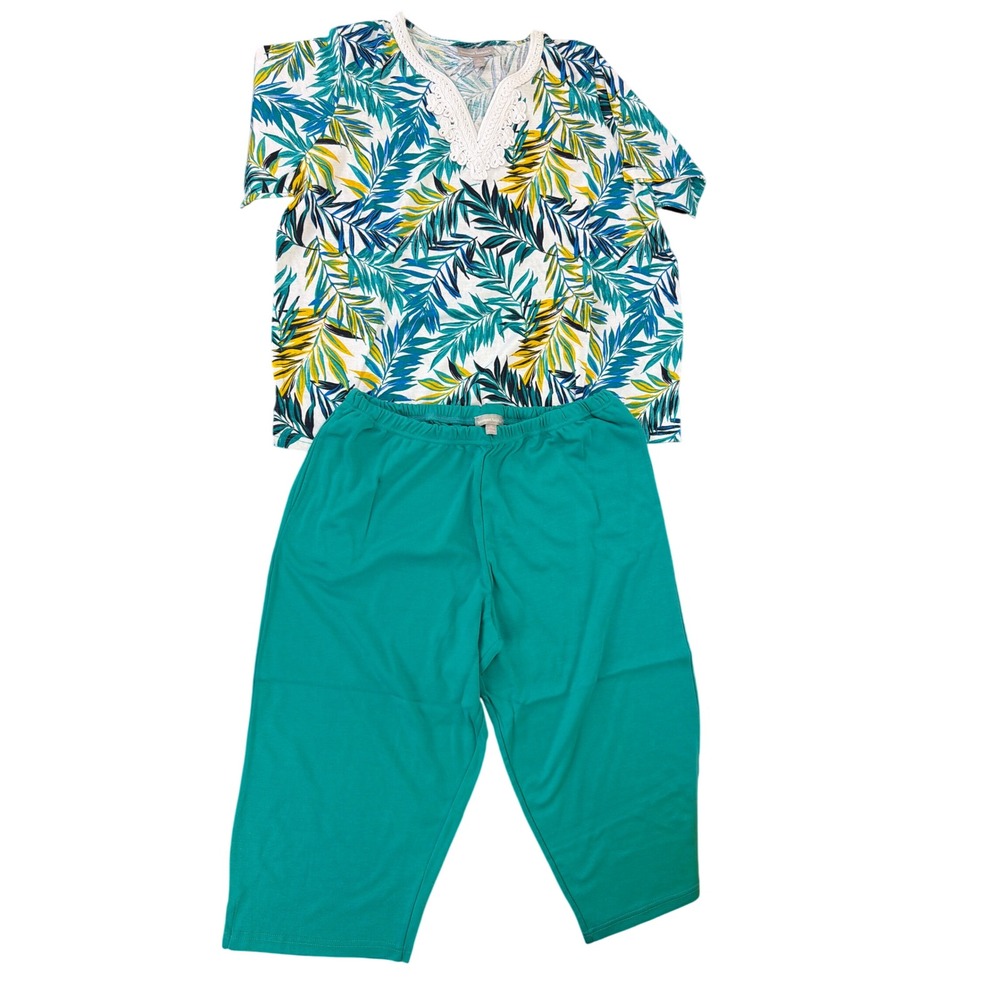 Woman Within Leaf Print Top Solid Bottom 1X (22-24) Capri Set Embroidered Detail